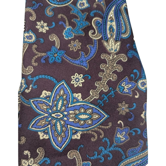Lorenzo Selini Men's Necktie‎ Brown Blue Tan Paisley Short - Picture 2 of 4